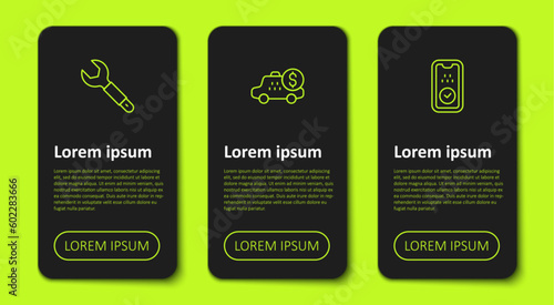 Set line Wrench spanner, Taximeter device and mobile app. Business infographic template. Vector