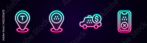 Set line Location taxi car, Taximeter device and mobile app. Glowing neon icon. Vector