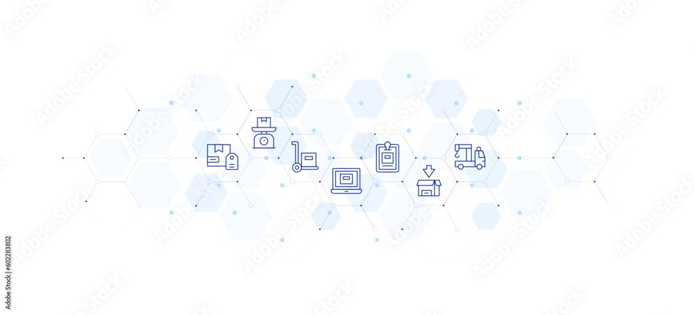 Logistics banner vector illustration. Hexagon icon illustration. Containing delivery box, scale, package, laptop, clipboard, tow truck.