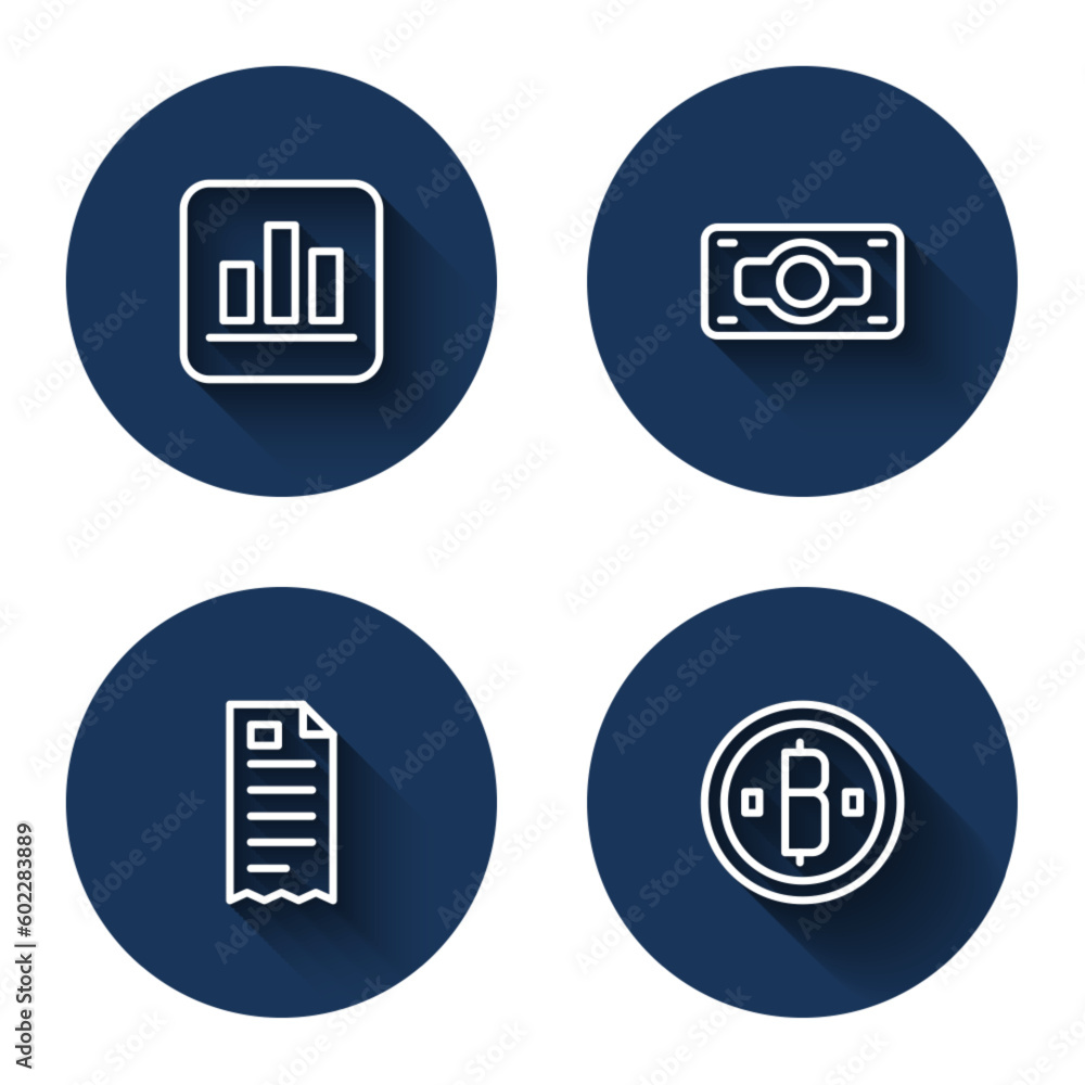 Set line Pie chart infographic, Stacks paper money cash, Financial check and Cryptocurrency coin Bitcoin with long shadow. Blue circle button. Vector Set line Pie chart infographic, Stacks paper money cash, Financial check and Cryptocurrency coin Bitcoin with long shadow. Blue circle button. Vector