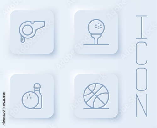 Set line Whistle, Golf ball on tee, Bowling pin and and Basketball. White square button. Vector