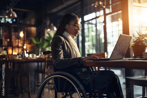woman in wheelchair at desk in office working on laptop, accessibility concept, made with generative ai