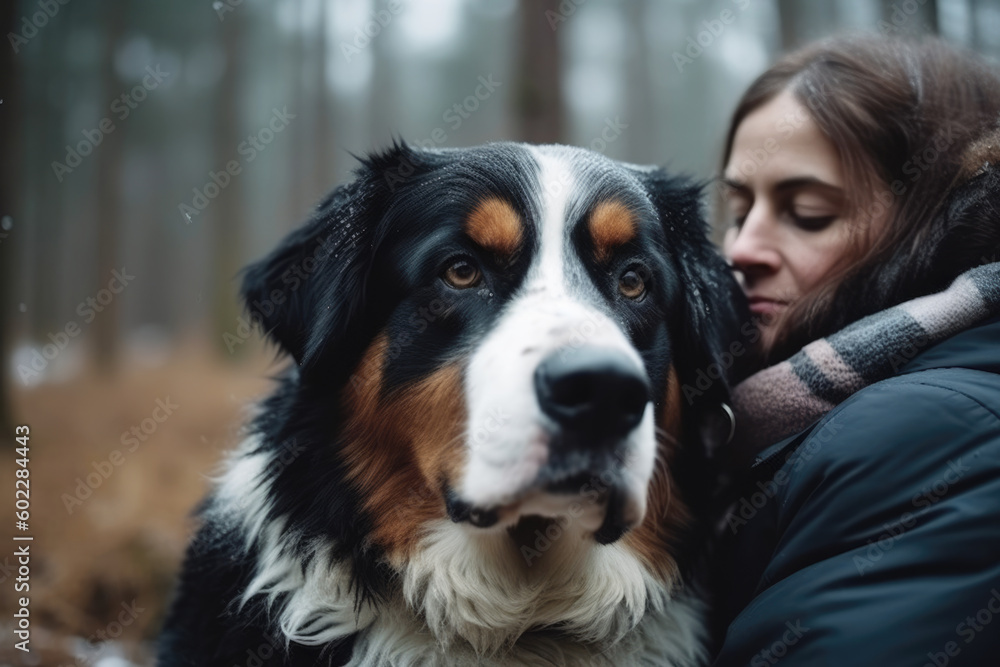 Woman hugging her dog bernese shepherd in a pine forest in winter, close up Woman hugging her dog bernese shepherd in a pine forest in winter, close up