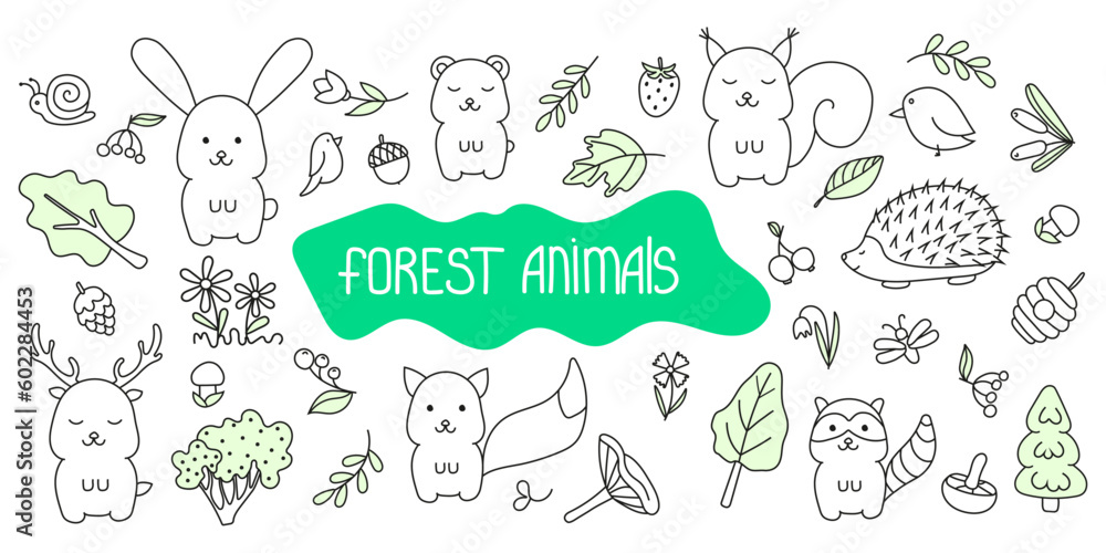 Vector set of illustrations of forest animals in doodle style. Vector set of illustrations of forest animals in doodle style.