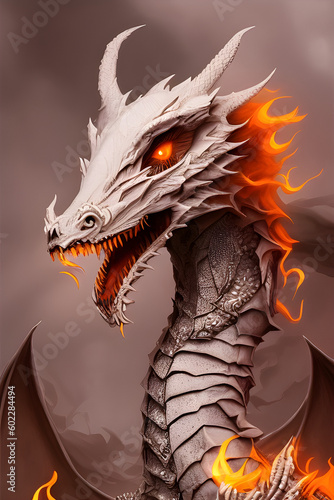 The head of a fiery dragon on a mystical background. ancient dragon illustration  generative ai