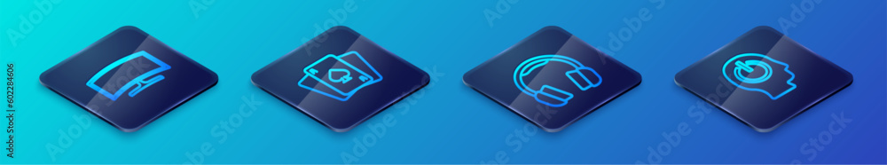 Set Isometric line Headphones, Computer monitor, Power button and Playing cards icon. Vector Set Isometric line Headphones, Computer monitor, Power button and Playing cards icon. Vector