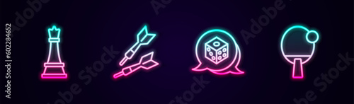 Set line Chess, Dart arrow, Game dice and Racket. Glowing neon icon. Vector