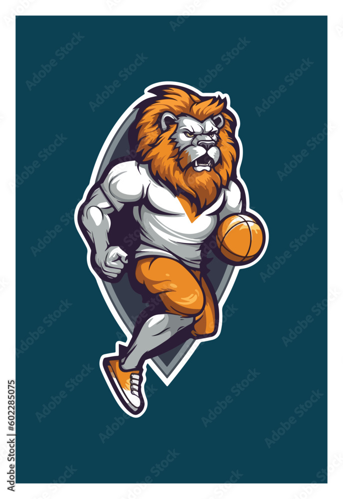 Fototapeta premium logo for sports shop with lion mascot carrying ball.
