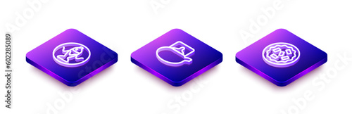 Set Isometric line Served fish on a plate, Traditional tea ceremony and Homemade pie icon. Vector