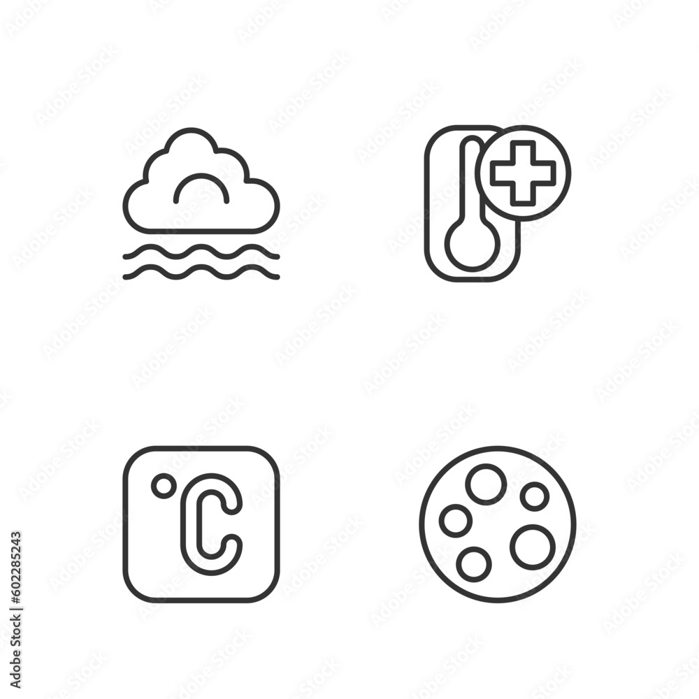 Set line Moon, Celsius, Fog and cloud and Thermometer icon. Vector
