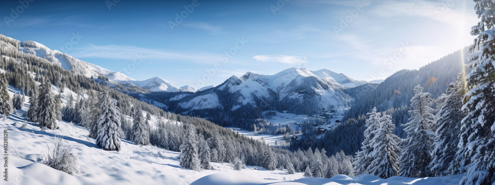 Beautiful panoramic view of a winter landscape in a hilly region