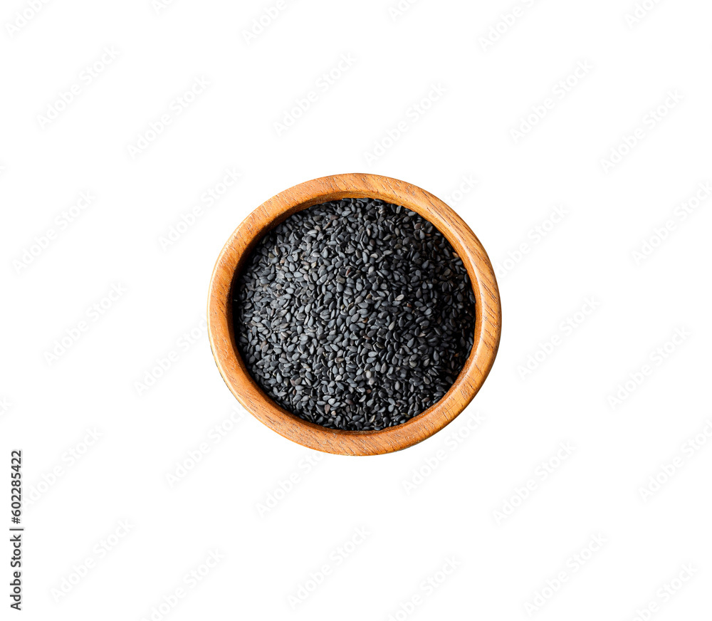 Black sesame in wooden cup on transparent png Black sesame in wooden cup on transparent png