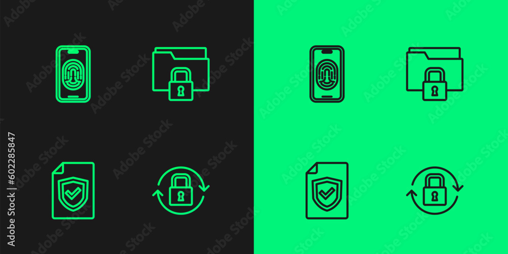 Set line Lock, Contract with shield, Mobile fingerprint scanner and Folder and lock icon. Vector Set line Lock, Contract with shield, Mobile fingerprint scanner and Folder and lock icon. Vector