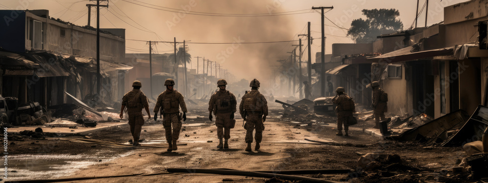 Obraz premium military special forces soldiers crosses destroyed warzone through fire and smoke in the desert, wide poster design with copy space area - Generative AI