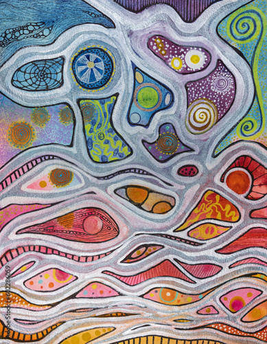 Doodling abstract silver waves with colorful patterns. The dabbing technique near the edges gives a soft focus effect due to the altered surface roughness of the paper. photo