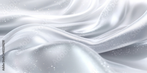 White silk glitter luxury fabric background, macro close up, copy space. Wave, textured. AI Generated