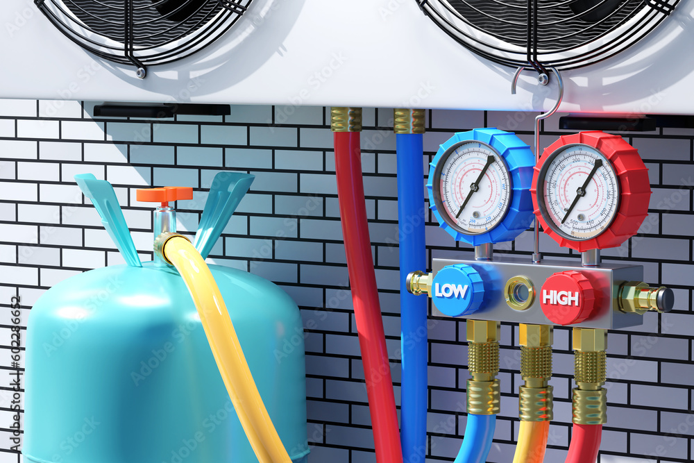 Filling air conditioner with freon. Reservoir for refrigerant. Gas