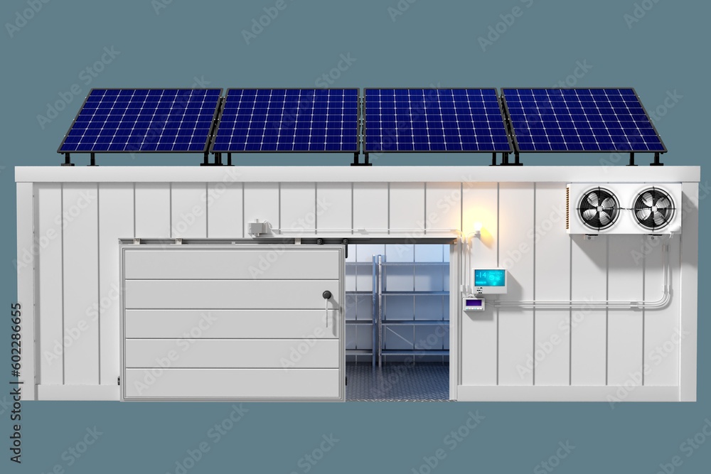 Refrigeration container. Freezer with solar panels. Industrial ...