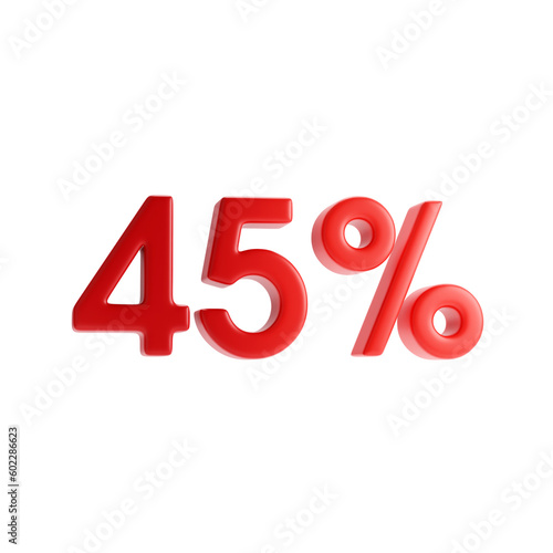 45 percent. Red forty-five percent sign isolated on a white background. 3d rendering.