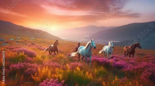 Herd of horses runs among mountains flowers fields sunlight background, group of horses among blooming meadow on hills, broodmare wild horses runs on beautiful sunny hills, generative AI
