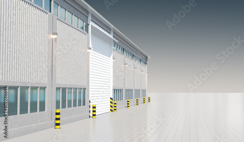 Factory building. Hangar for industrial zone. Exterior factory premises. Buildings with large gates for trucks. Factory hangar in minimalist style. Building with spacious concrete platform. 3d image