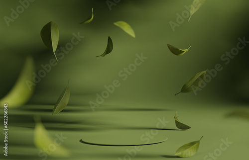3D background, green podium display. Tree leaves falling. Cosmetic or beauty product promotion step pedestal with leaf. Abstract minimal advertise. 3D render copy space nature mockup.