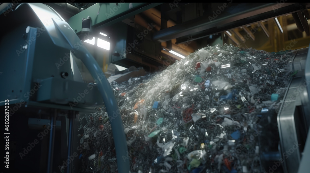 close up of a recycling machine sorting plastic waste in a recycling factory. Generative AI