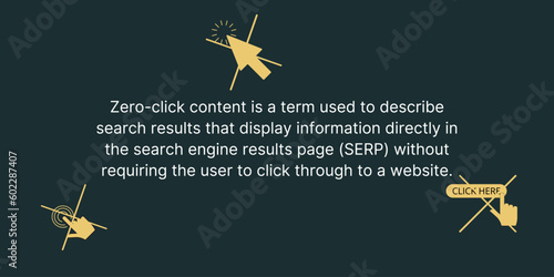 Zero-click Content Banner on Dark Green Background. Stylish Marketing Banner with White Text and Yellow Icons for Business and Marketing