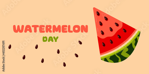 Slice of watermelon with seeds summer background. Horizontal template for banner, poster, flyer. The concept of the holiday. Vector illustration.