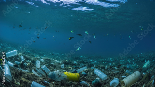 Plastic trash at the bottom of the ocean.. Generative AI