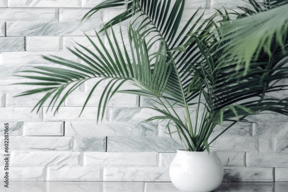 Urban Oasis: Serene Stock Photo of Potted Green Palm Leaf on a White Brick Wall, Bringing Natural Beauty to Interior Spaces