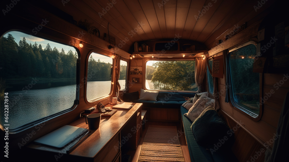A cozy interior shot of a converted camper van parked by a peaceful lake. Generative AI