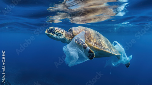 Sea turtle tangled in plastic bag in the ocean.. Generative AI