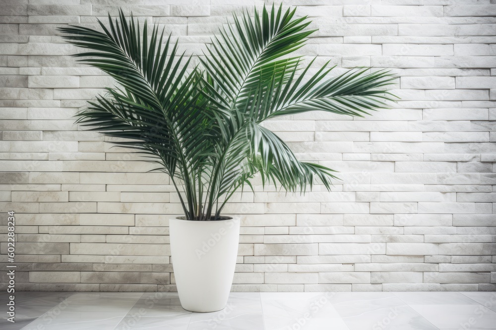 Fototapeta premium Urban Oasis: Serene Stock Photo of Potted Green Palm Leaf on a White Brick Wall, Bringing Natural Beauty to Interior Spaces