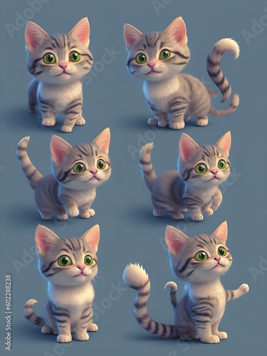 collection of 4 cute adorable cats clipart, stand on foots, hands is hang up, in different body shape looking at the corner view, satellite view, fantasy style, details game assets, 8k, uniform grey b