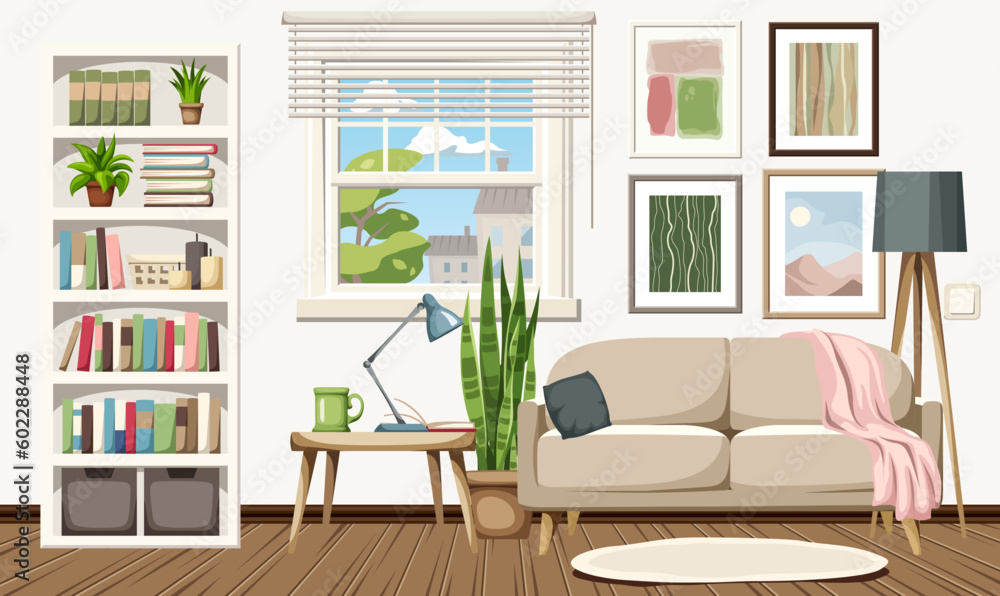 Living room interior with a sofa, a white bookcase, a window, pictures, and houseplants. Cozy room interior design. Cartoon vector illustration Living room interior with a sofa, a white bookcase, a window, pictures, and houseplants. Cozy room interior design. Cartoon vector illustration