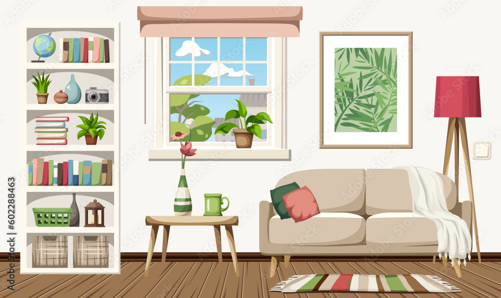 Living room interior with a sofa, a white bookcase, a window, a big picture, and houseplants. Cozy room interior design. Cartoon vector illustration