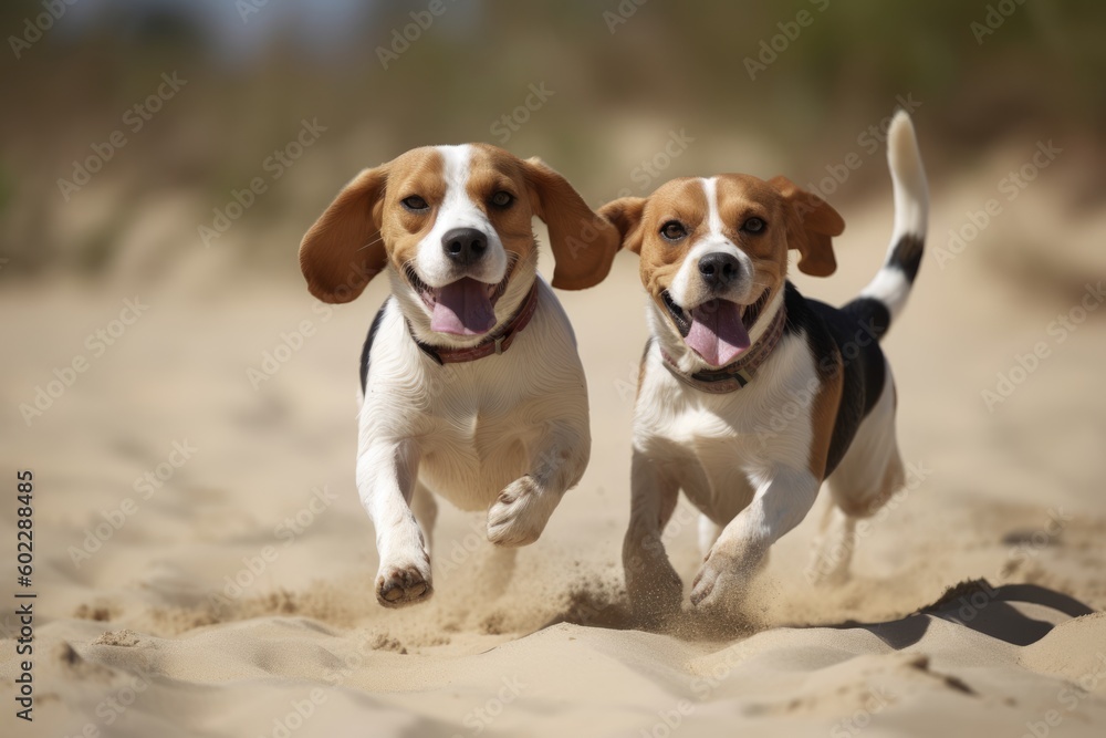 Two Energetic Beagle Puppies Enjoying a Beach Run