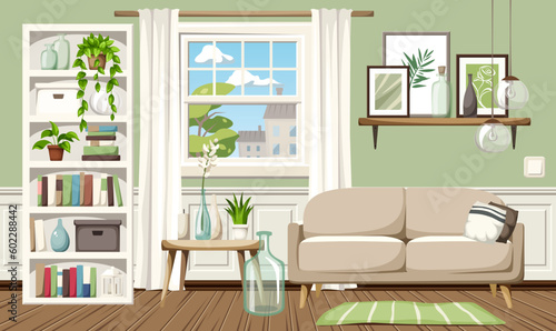 Living room interior with green walls, a sofa, a white bookcase, a window, and houseplants. Cozy room interior design. Cartoon vector illustration