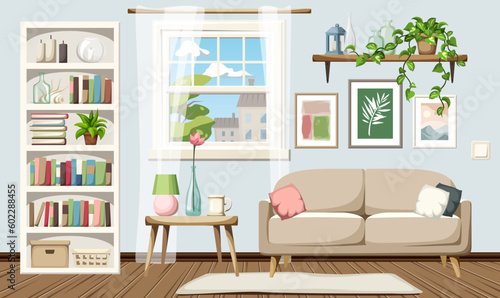 Living room interior with blue walls, a sofa, a white bookcase, a window, pictures, and houseplants. Cozy room interior design. Cartoon vector illustration