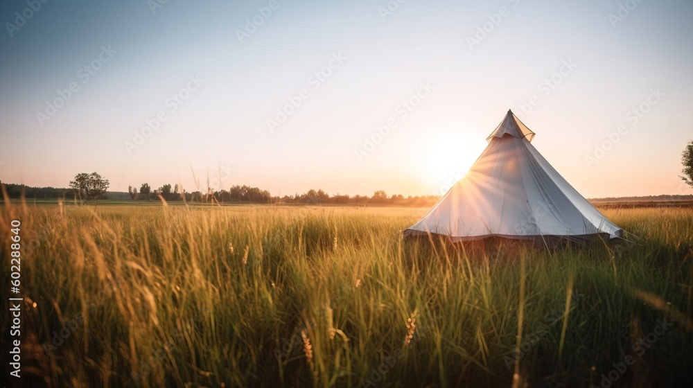 Camping tent in the meadow at sunset.. Generative AI