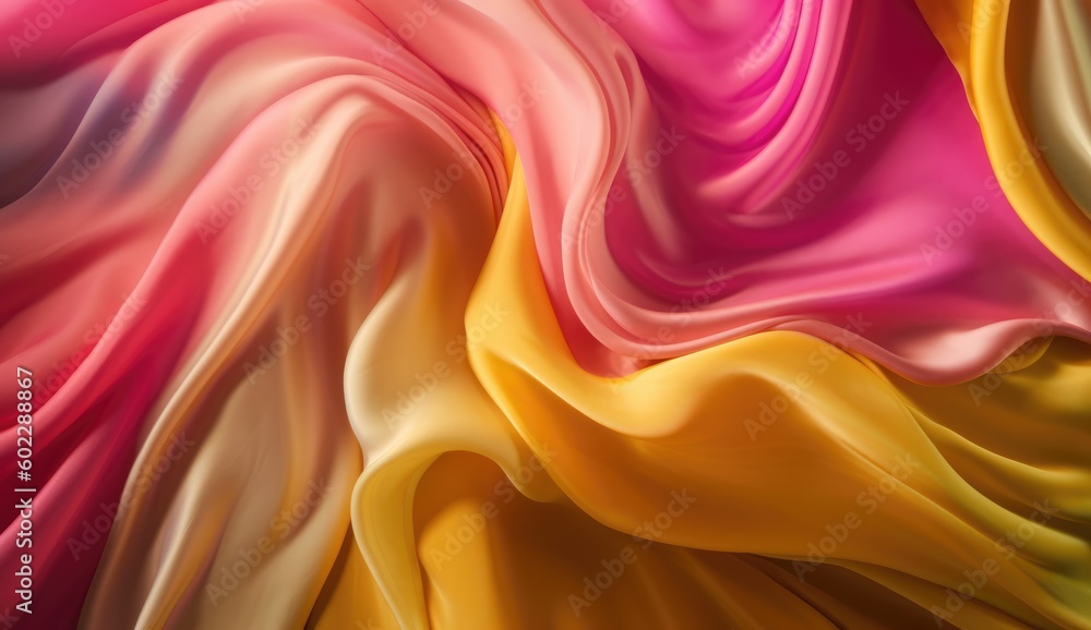 Dynamic Radiance: Close-Up of Vibrant, Colorful Curves on a Pink and Yellow Textured Satin Background, Exuding Elegance and Mesmerizing Beauty Dynamic Radiance: Close-Up of Vibrant, Colorful Curves on a Pink and Yellow Textured Satin Background, Exuding Elegance and Mesmerizing Beauty