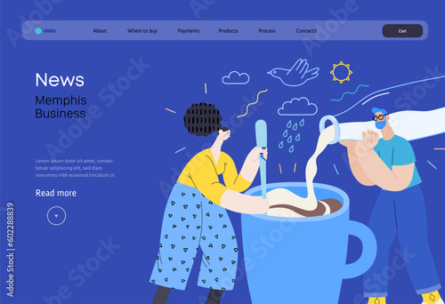 Memphis business illustration. News -modern flat vector concept illustration of people preparing coffee with milk. Corporate business morning news metaphor.