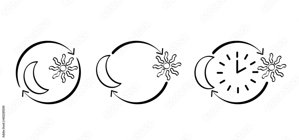 Cartoon circadian, rhythms icon. Sun moon and wake up or sleep time. Day and night logo. Light or dark line pattern. Summer or winter time. Brain in active and relaxed stage. Biorhythms concept. Cartoon circadian, rhythms icon. Sun moon and wake up or sleep time. Day and night logo. Light or dark line pattern. Summer or winter time. Brain in active and relaxed stage. Biorhythms concept.