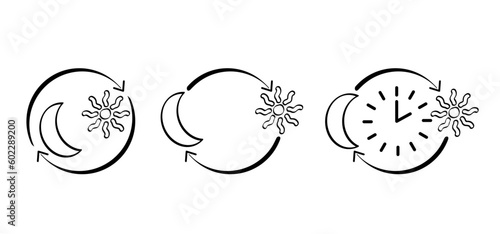 Cartoon circadian, rhythms icon. Sun moon and wake up or sleep time. Day and night logo. Light or dark line pattern. Summer or winter time. Brain in active and relaxed stage. Biorhythms concept.