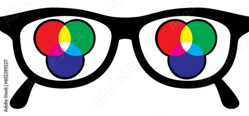 Color wheel pallet spectrum, Complementary, primary, tertiary secondary, triadic, analogous colorimetric. Red, green, blue, cyan, magenta, yellow, black pigments. RGB, CMYK rainbow colors. Prepress.