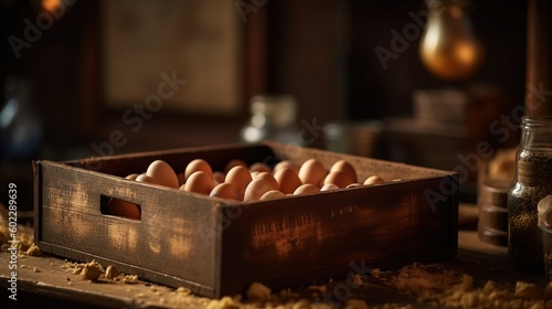 Eggs in a wooden box.. Generative AI