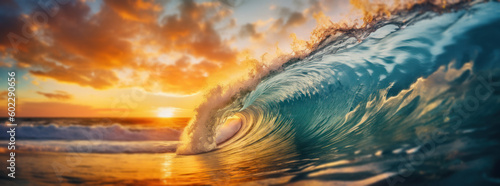 A beautiful ocean wave forming a tube. Summer tropical resort incoming wave. generative AI. 