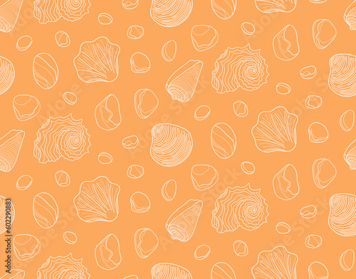 Seamless pattern with seashells and pebbles.