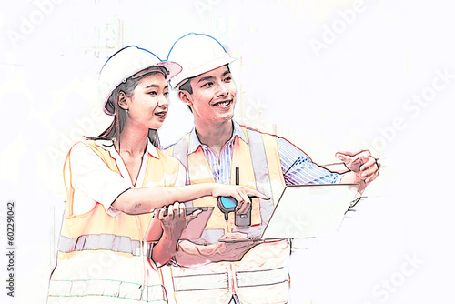 Sketch and Drawing with watercolor painting of Happy man and woman Asian dock control working and talking with smile  around Shipping container stacker in commercial transport port